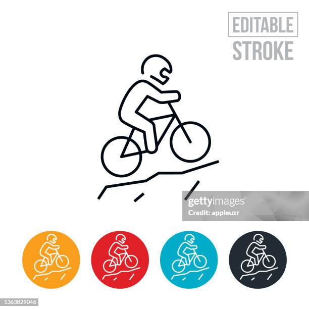 mountain biker climbing hill thin line icon - editable stroke - uphill stock illustrations