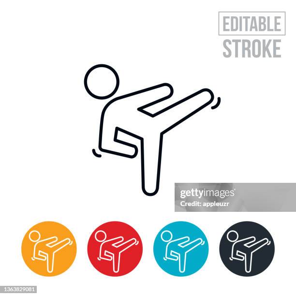 kampfkünstler macht karate kick thin line icon - bearbeitbarer strich - karate stock-grafiken, -clipart, -cartoons und -symbole