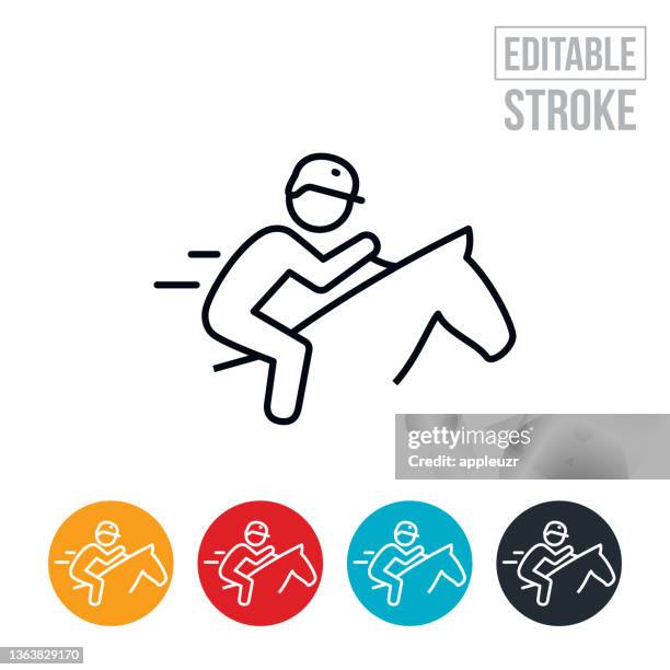 ilustrações, clipart, desenhos animados e ícones de ícone da linha fina de corrida de cavalos - traço editável - corrida de cavalos evento equestre