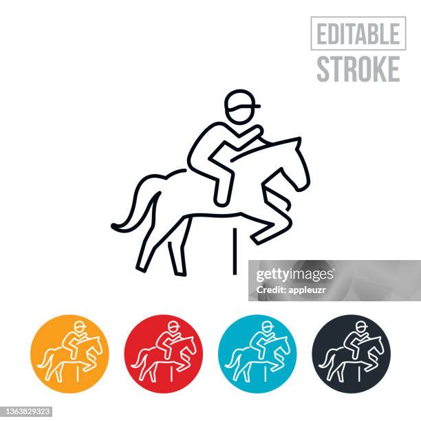 stockillustraties, clipart, cartoons en iconen met equestrian rider show jumping thin line icon - editable stroke - paardrijden