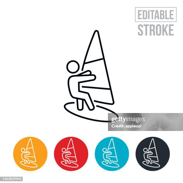 athlete windsurfing thin line icon - bearbeitbarer schlag - windsurfbrett stock-grafiken, -clipart, -cartoons und -symbole
