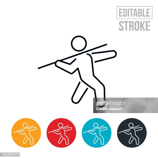 athlete throwing javelin thin line icon - editable stroke - javelin 幅插畫檔、美工圖案、卡通及圖標