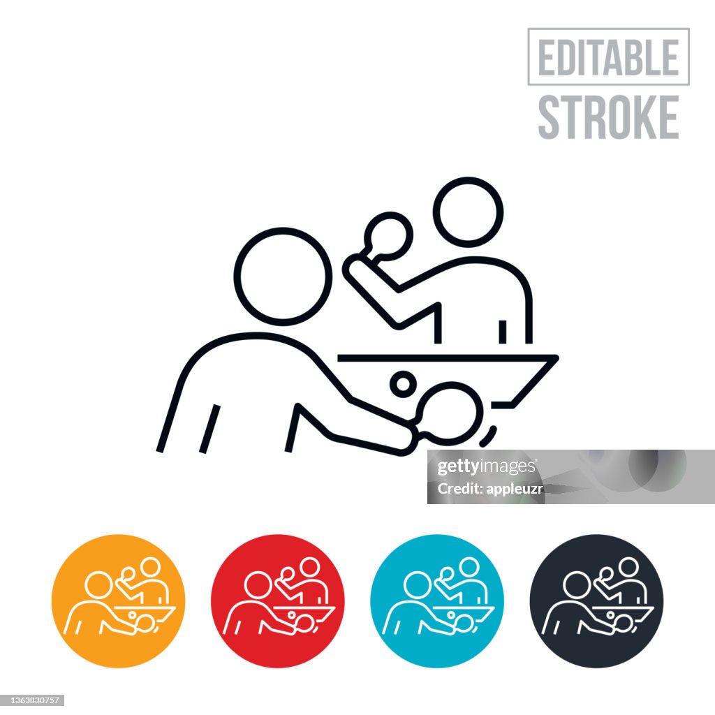 Two People Playing Table Tennis Thin Line Icon - Editable Stroke
