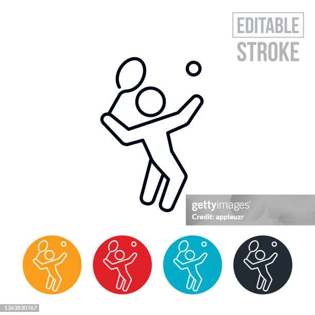 tennis player serving ball thin line icon - editable stroke - tennis player icon stock illustrations