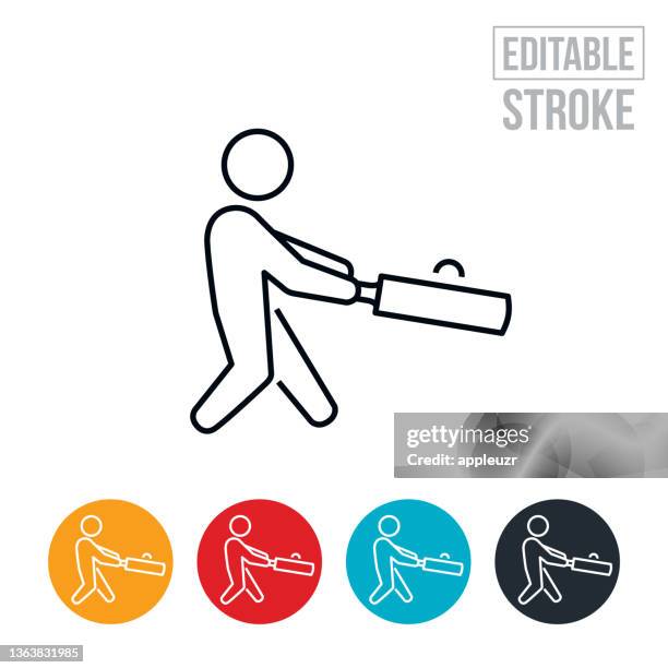 cricket athlete playing cricket thin line icon - editable stroke - cricket player vector stock illustrations