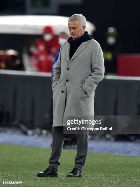 José Mário dos Santos Mourinho Félix head coach of AS Roma looks on during the Serie A match between AS Roma and Juventus at Stadio Olimpico on...