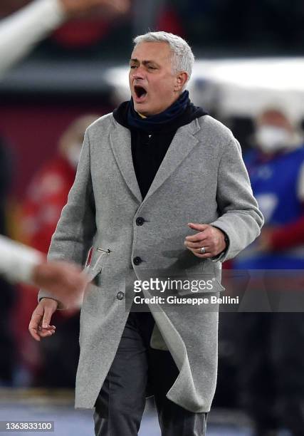 José Mário dos Santos Mourinho Félix head coach of AS Roma reacts during the Serie A match between AS Roma and Juventus at Stadio Olimpico on January...