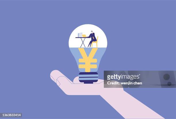 business man working for renminbi in a light bulb with his hand up - abzeichen stock illustrations