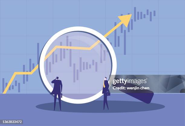 stockillustraties, clipart, cartoons en iconen met two business men using magnifying glass to look at rising stock market data - vergrootglas