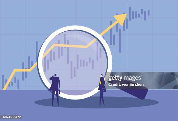 ilustrações de stock, clip art, desenhos animados e ícones de two business men using magnifying glass to look at rising stock market data - calculating