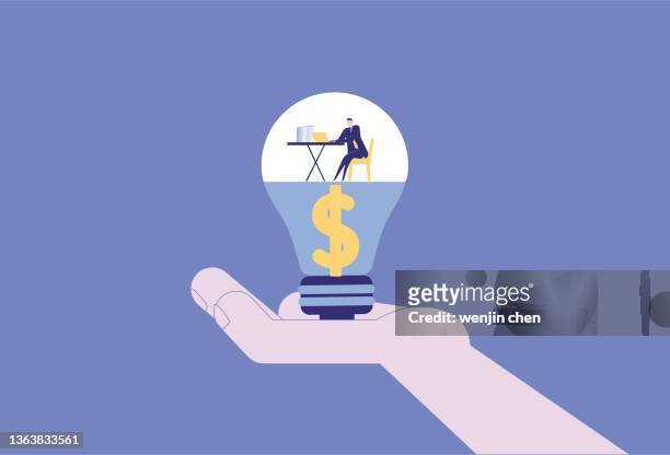 business man working for dollars in light bulb in hand - abzeichen stock illustrations