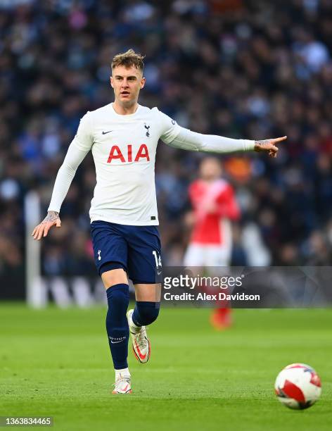 Joe Rodon of Tottenham Hotspur in action during the Emirates FA Cup Third Round match between Tottenham Hotspur and Morecambe at Tottenham Hotspur...