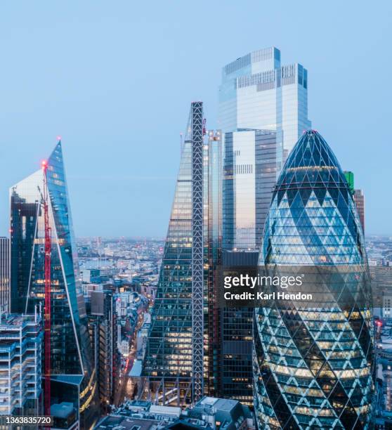 an elevated view of the london skyline at dawn - sir norman foster building stock pictures, royalty-free photos & images