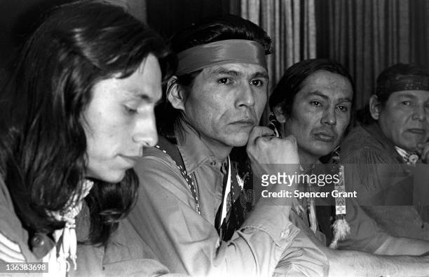 Native American advocate Russell Means at press conference, Boston University, Boston, Massachusetts, 1971.
