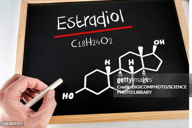 chemical composition of oestradiol, conceptual image - oestrogen stock pictures, royalty-free photos & images