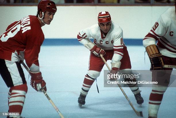Paul Henderson of Canada and Yevgeny Zimin of the Soviet Union wait for the faceoff during Game 1 of the 1972 Summit Series on September 2, 1972 at...