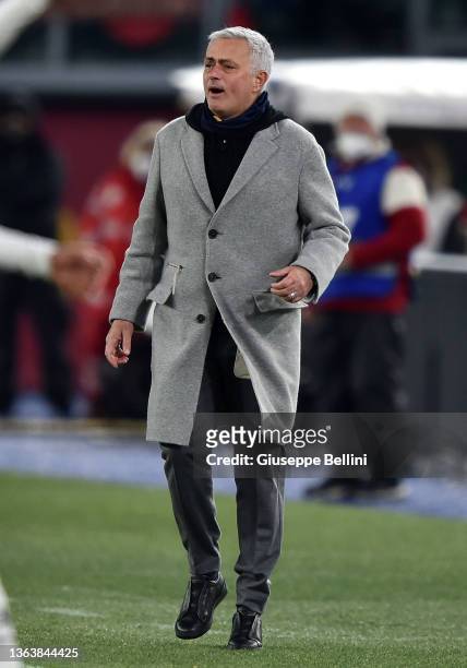 José Mário dos Santos Mourinho Félix head coach of AS Roma reacts during the Serie A match between AS Roma and Juventus at Stadio Olimpico on January...