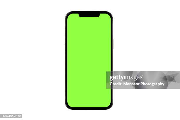 mobile phone isolated mockup with chroma key screen on white background on high-quality studio shot - smartphones stockfoto's en -beelden