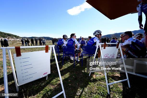 Team riders take a break at the Velo Bar during the Quick-Step Alpha Vinyl Team 2022 - Media Day on January 10, 2022 in Calpe, Spain.