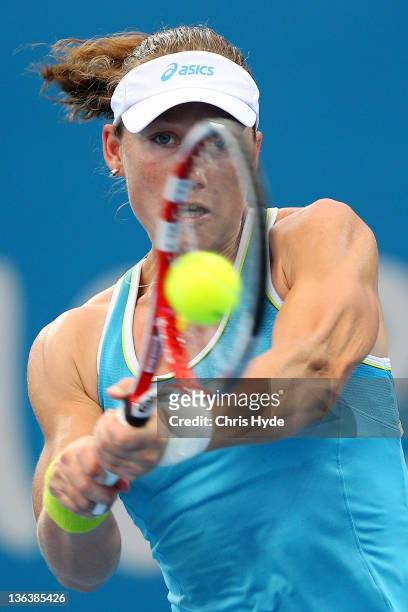 Sam Stosur of Australia plays a shot against Iveta Benesova during day four of the 2012 Brisbane International at Pat Rafter Arena on January 4, 2012...