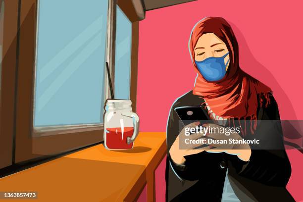 ilustrações de stock, clip art, desenhos animados e ícones de muslim woman with a protective face mask - hijab
