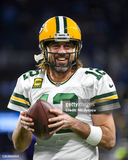 Aaron Rodgers of the Green Bay Packers looks on before the game against the Detroit Lions at Ford Field on January 09, 2022 in Detroit, Michigan.