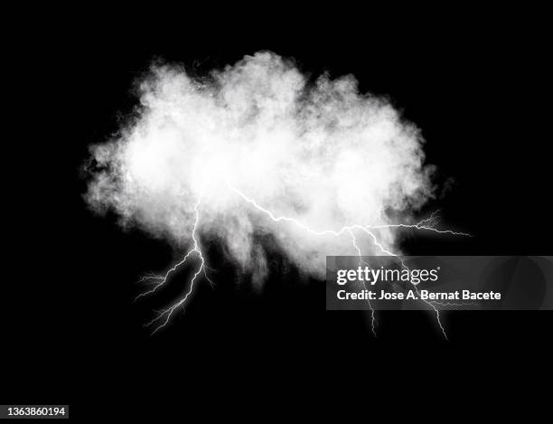 white smoke cloud with lightning on a black background. - nube temporalesca foto e immagini stock