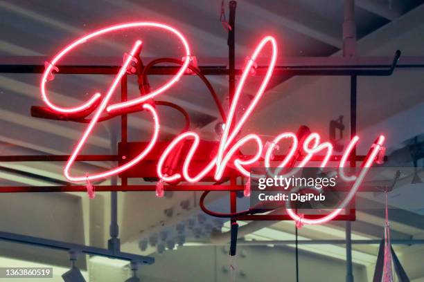red neon sign, bakery - illuminated sign stock pictures, royalty-free photos & images