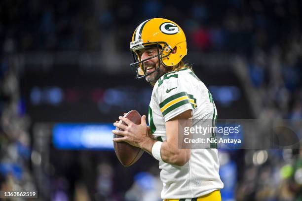 Aaron Rodgers of the Green Bay Packers warms up before the game against the Detroit Lions at Ford Field on January 09, 2022 in Detroit, Michigan.