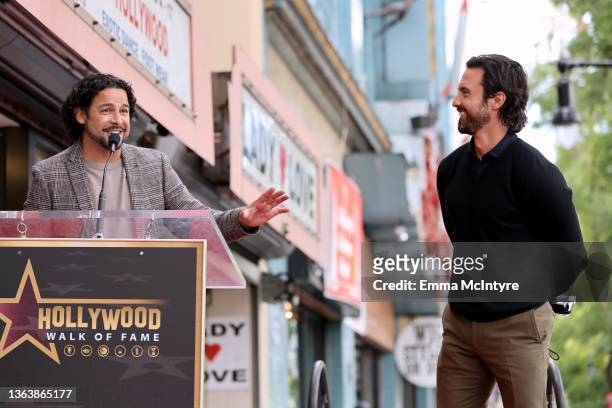 Jon Huertas and Milo Ventimiglia attend the Hollywood Walk of Fame Star Ceremony for Milo Ventimiglia on January 10, 2022 in Hollywood, California.
