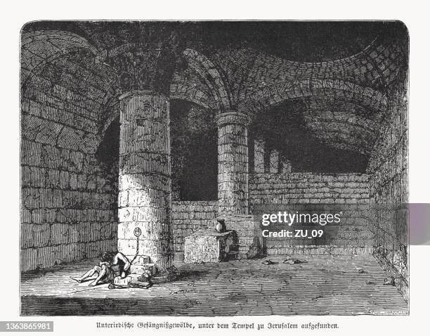 stockillustraties, clipart, cartoons en iconen met underground vaults under the temple of jerusalem, woodcut, published 1862 - kerker