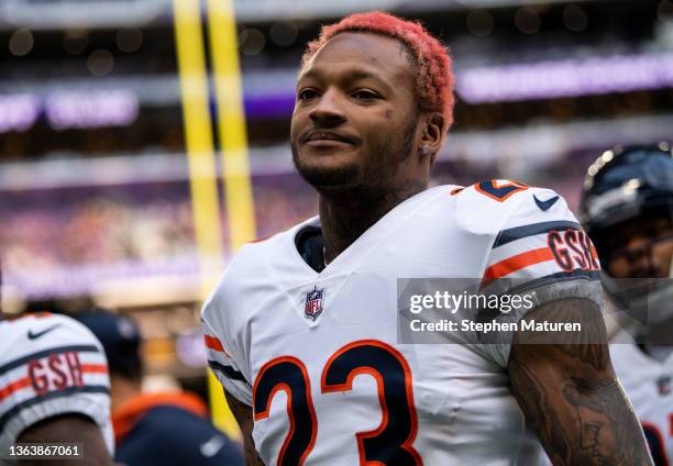Marqui Christian of the Chicago Bears heads to the locker room before the game against the Minnesota Vikings at U.S. Bank Stadium on January 9, 2022...