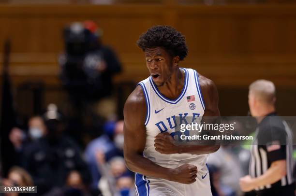 Griffin of the Duke Blue Devils reacts after making a three-point basket against the Miami Hurricanes during the first half of their game at Cameron...