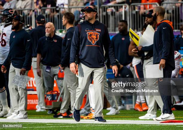 Chicago Bears head coach Matt Nagy walks the sidelines in the third quarter of the game against the Minnesota Vikings at U.S. Bank Stadium on January...