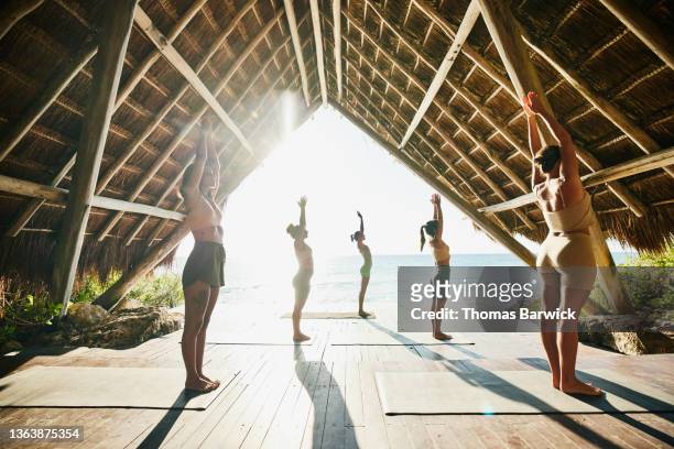 wide shot of women practicing yoga during class in ocean front pavilion at tropical resort - quintana roo stock-fotos und bilder