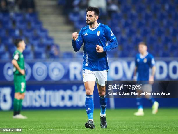 David Costas of Real Oviedo celebrates after scoring goal during the LaLiga Smartbank match between Real Oviedo and SD Eibar at Carlos Tartiere on...