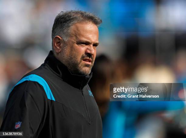Head coach Matt Rhule of the Carolina Panthers looks on during their game against the Tampa Bay Buccaneers at Bank of America Stadium on December 26,...