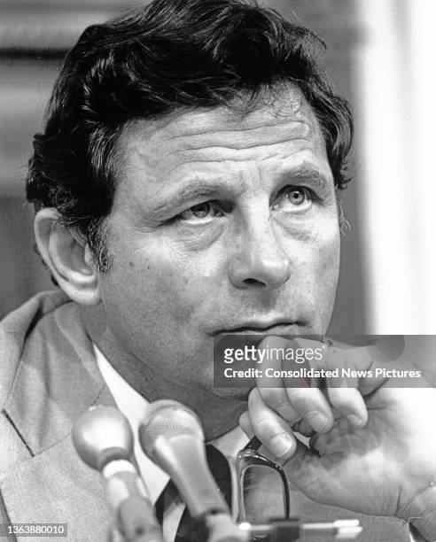 View of US Senator & Special Senate Judiciary Subcommittee Chairman Birch Bayh during a hearing, Washington DC, August 21, 1980. The hearing had been...