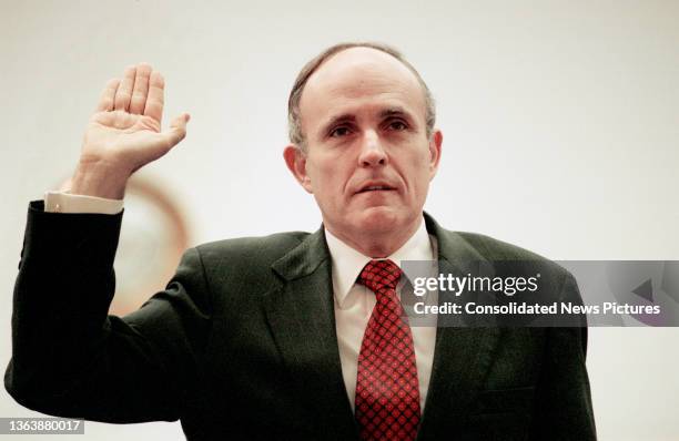 View of American politician New York City Rudy Giuliani as he is sworn-in before a US House Criminal Justice, Drug Policy, and Human Resources...