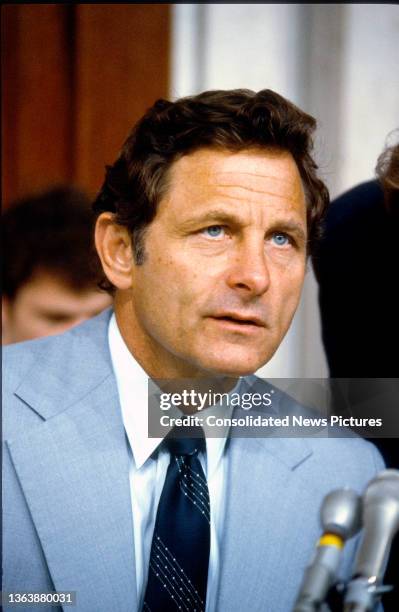 View of US Senator & Special Senate Judiciary Subcommittee Chairman Birch Bayh during a hearing, Washington DC, August 21, 1980. The hearing had been...