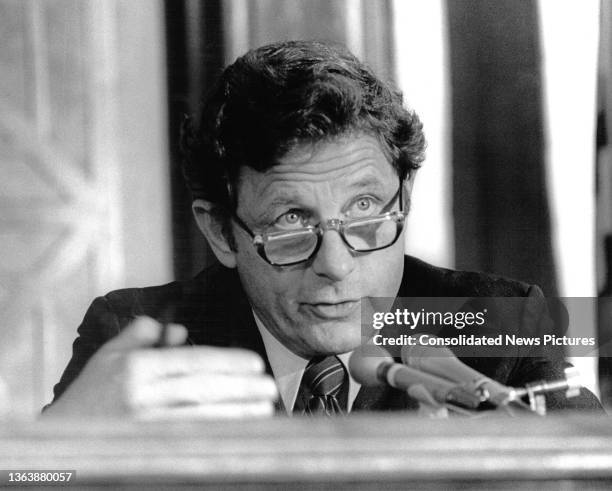 View of US Senator & Special Senate Judiciary Subcommittee Chairman Birch Bayh during a hearing, Washington DC, August 20, 1980. The hearing had been...