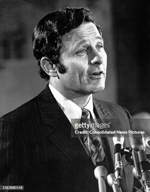 View of US Senator Birch Bayh as he speaks during a press conference on Capitol Hill. He was announcing his intention to not run as a candidate for...