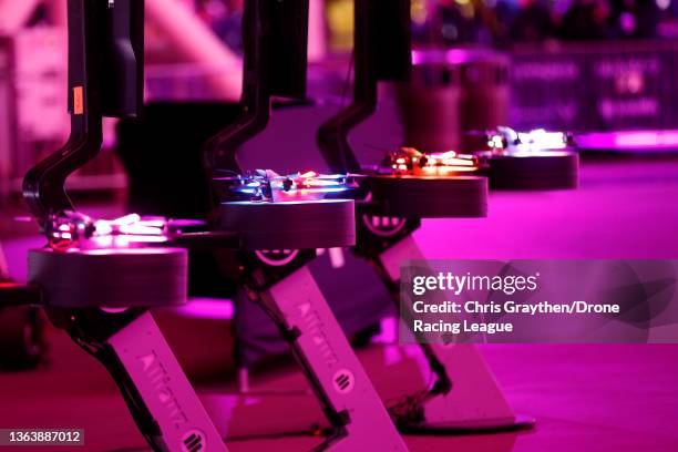 General view of the drones during the 2021-22 DRL Algorand World Championship Season Drone Racing League Vegas Championship Race Presented by...