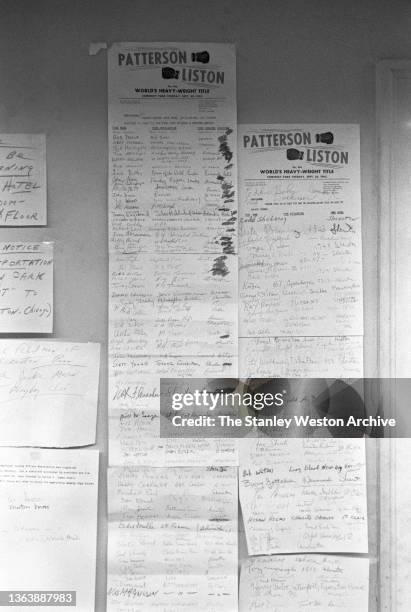 Photo shows the press wall with the names and signatures of current press employees at the Sheraton Hotel in Chicago attending the pre-fight weigh-in...