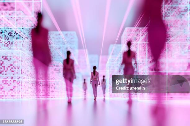 woman walking in vr environment - klonen stockfoto's en -beelden