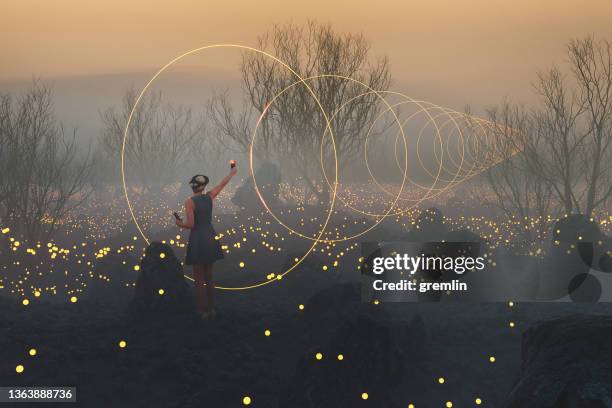 young woman making up fantasy landscape in vr environment - digitally generated image forest stock pictures, royalty-free photos & images