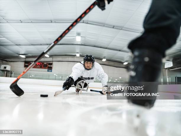 mature disabled latin woman and her trainer practising sledge hockey - female hockey player stock pictures, royalty-free photos & images