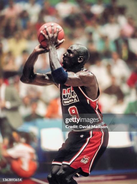 Michael Jordan of the United States Men's Olympic basketball team, known as The Dream Team, plays in a quarterfinal game against Puerto Rico on...