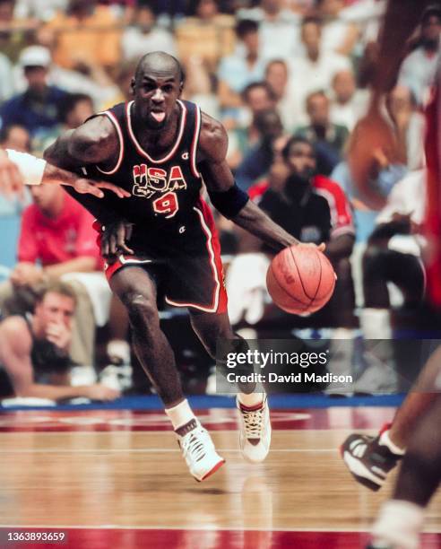 Michael Jordan of the United States Men's Olympic basketball team, known as The Dream Team, plays in a quarterfinal game against Puerto Rico on...