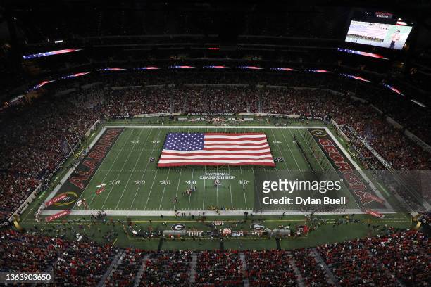 An overhead view of the stadium during the national anthem before the game between the Georgia Bulldogs and the Alabama Crimson Tide during the 2022...